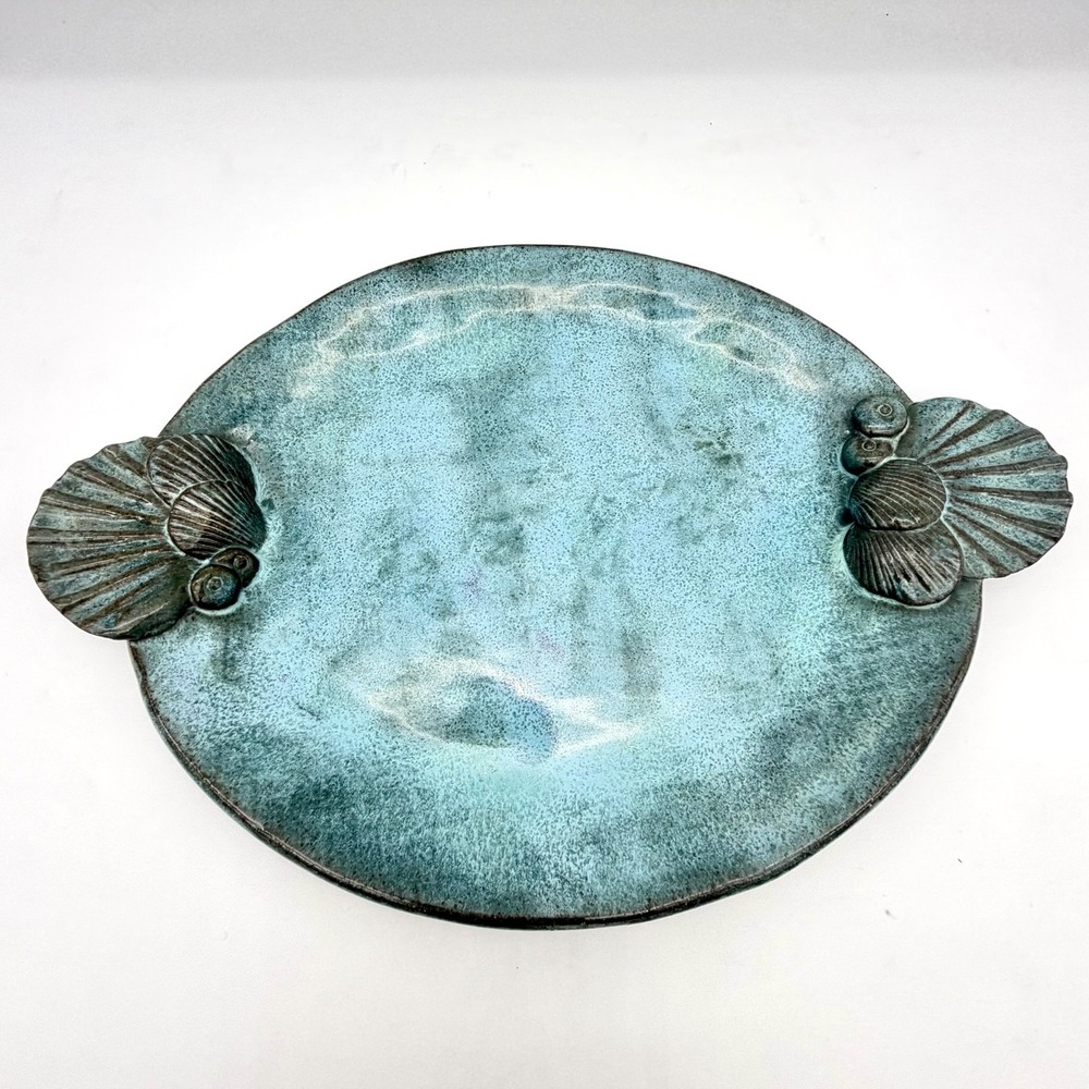 Studio Pottery Home Platter 13" Ceramic Coastal Blue Green Shell Handles Signed